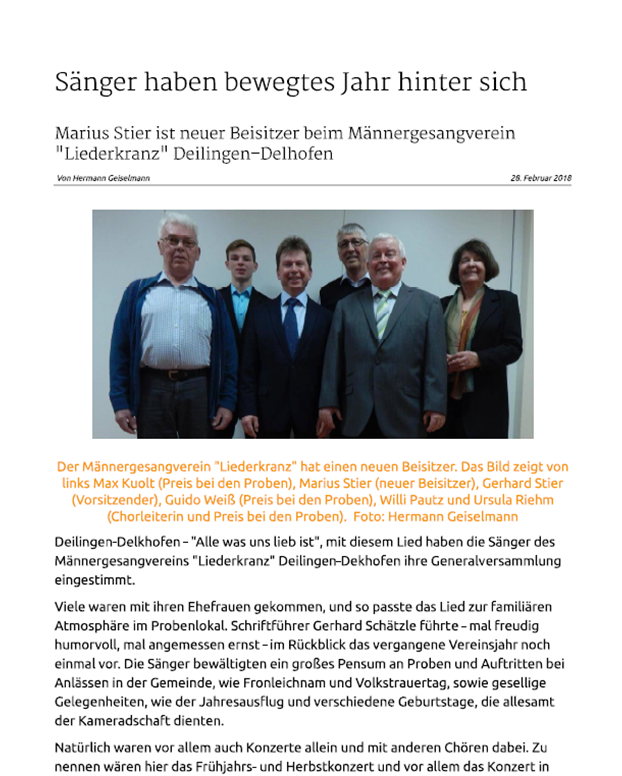 Zeitungsartikel „Sänger haben bewegtes Jahr hinter sich“ mit einem Foto der geehrten Sänger und der Chorleiterin