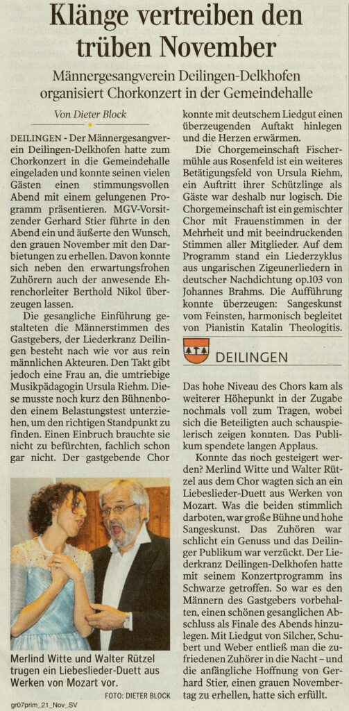 Zeitungsseite mit dem Bericht „Klänge vertreiben den trüben November“ über das Chorkonzert in der Gemeindehalle Deilingen